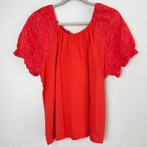 J Crew red eyelet puff sleeve tie back blouse XL